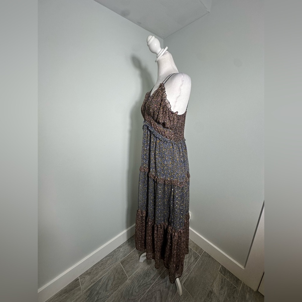 Lucky Brand Ruffle Floral Maxi Sundress Blue Brown w Gold  Size Large - Picture 6 of 16